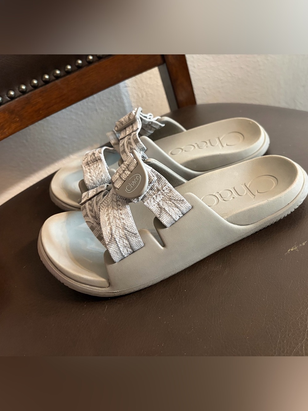 Chaco Women's Light Gray Slide Sandals with Patterned Straps